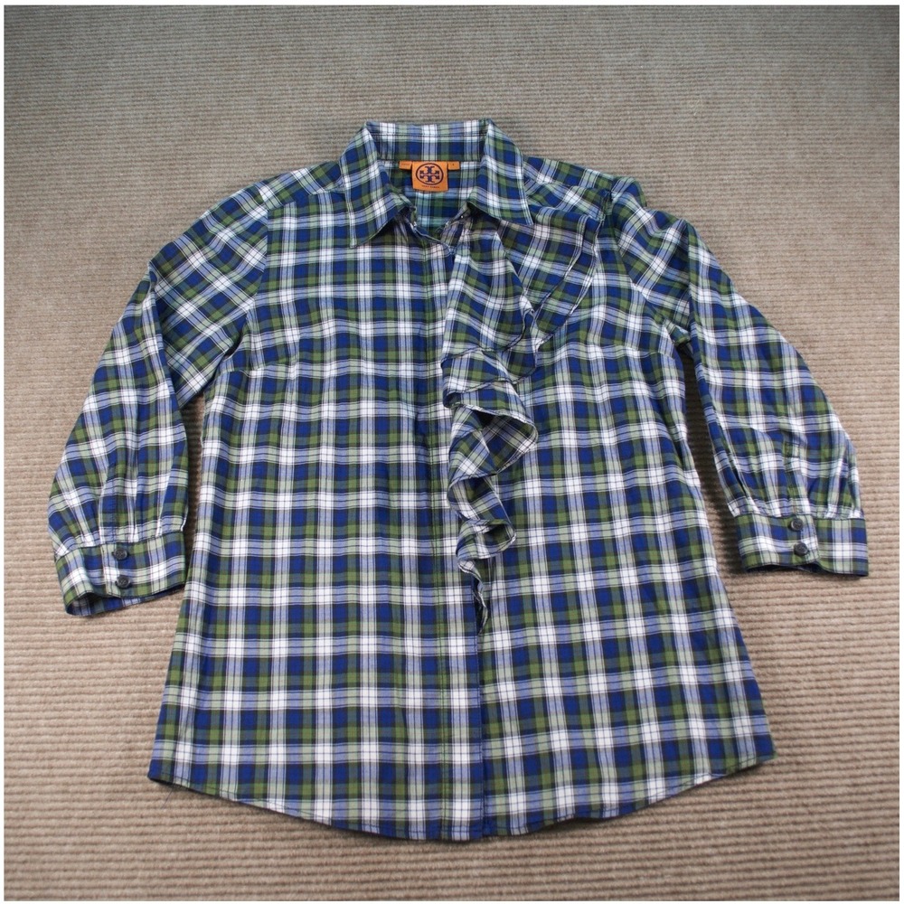 Tory Burch Blue Green Tartan Plaid Ruffle Front Button Down Blouse Small EUC